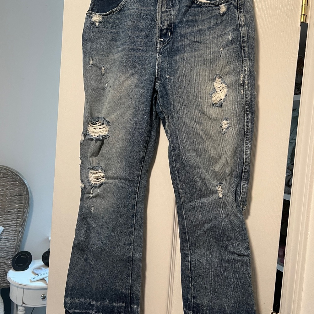 AYR Distressed Flare Jeans in Dark Blue
